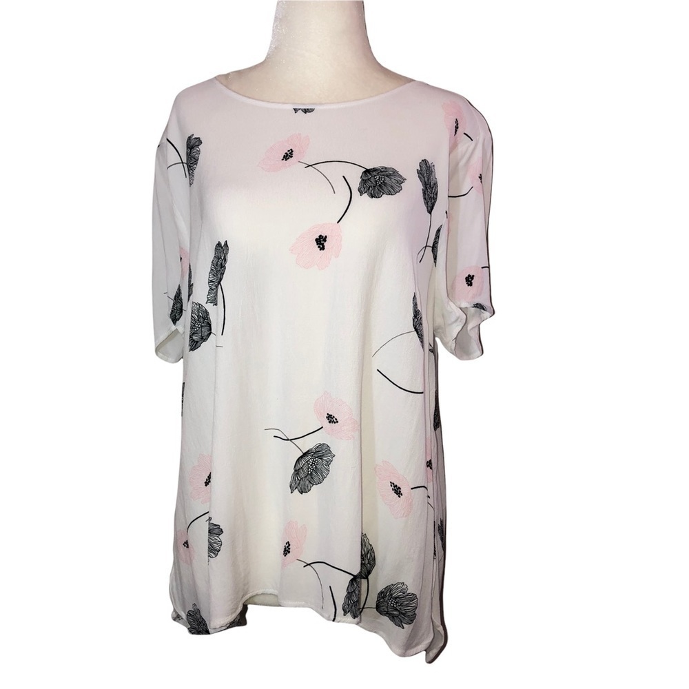 PALE SKY White Poppy Floral Print Short Sleeve Blouse Sz XL